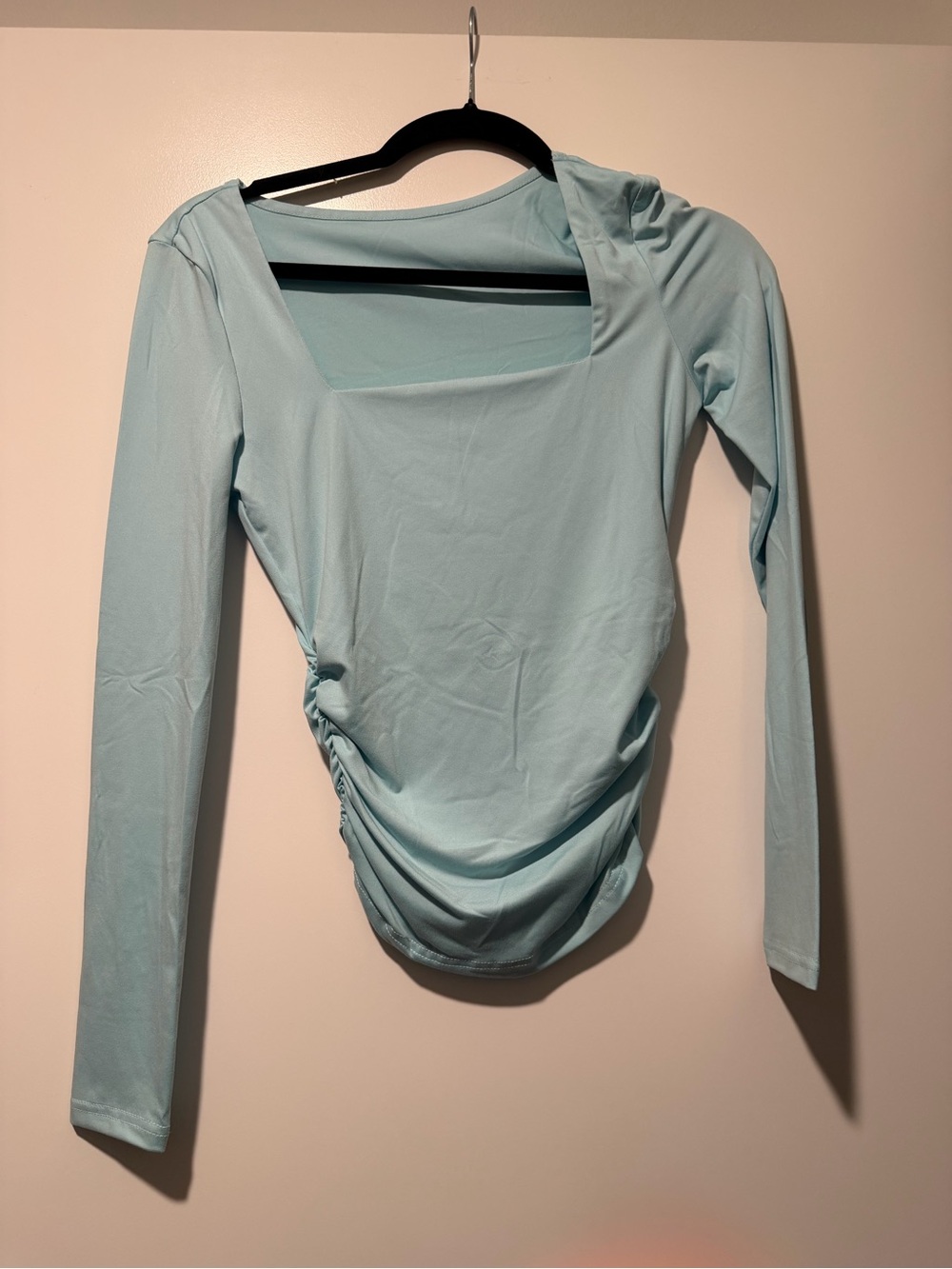 Square Neck Long Sleeve Ruched Top - Light Blue